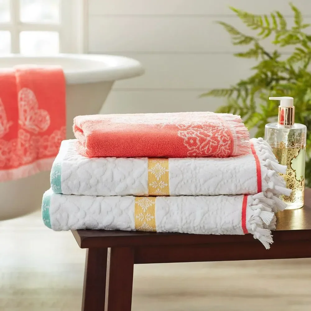 Pioneer Woman Bath Towel Set Sculpted Stripe Velour Coral Bell Butterfly Floral